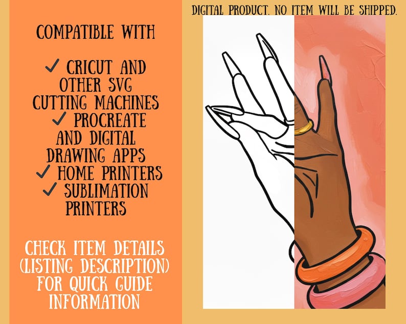 Digital art graphic featuring a hand with long, pointed nails, half in black and white line art, half in color. The image includes text indicating compatibility with Cricut and other cutting machines, drawing apps, and printers.