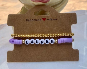 Custom Name Heishi Bead Bracelet with Gold Accents | Bracelet Stack| Teacher Gift | Birthday Gift | Mother's Day Gift