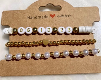 Custom Wedding, Anniversary Memory Date Heishi Clay Bracelet Stack | Bride, Bridesmaid Gift | Gift for Her | Anniversary Gift