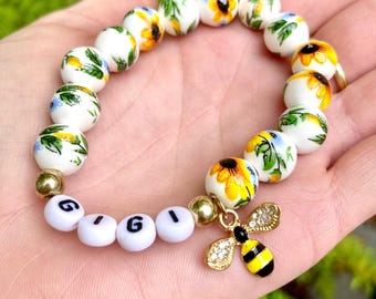 Sunflower Name Ceramic Bead Bracelet with Bee Charm | Gift for Her | Mother's Day Gift | Custom Name Bracelet