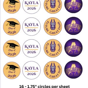 May include: A sheet of 16 round stickers, each 1.75 inches in diameter. Designs include a graduation cap with "Class of 2026", "KAYLA 2026", a Great Dane, and the University at Albany logo. The stickers are in gold, purple, and white.