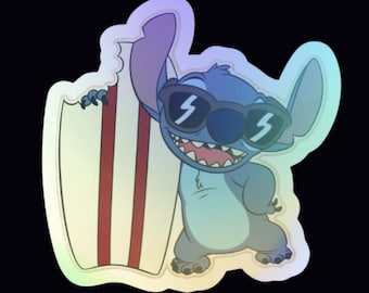 Cute Surf Stitch Sticker | Holographic Stitch Beach Sticker | Stitch Vinyl Decal | Waterproof Laptop Sticker | Summer Gift