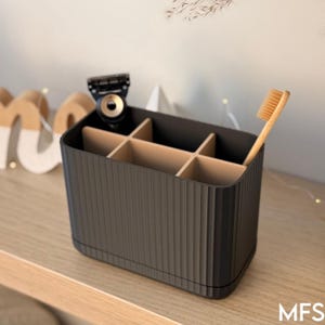 Bathroom Organizer Toothbrush & Razor Holder | 6 Compartments | Modern Vanity Storage with Drip Tray | Custom Color Caddy | Concave Design