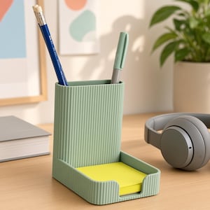May include: A sage green desk organizer with a ribbed texture, featuring a tall cylindrical compartment for pens and a lower square tray holding a stack of bright yellow sticky notes. The organizer holds a blue pencil and a light green marker.