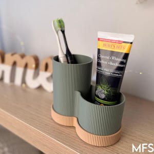 A toothbrush holder with a tube of Burt's Bees charcoal toothpaste and a toothbrush in it, placed on a wooden shelf.