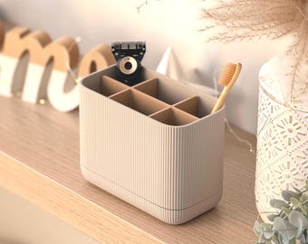 Bathroom Organizer Toothbrush & Razor Holder | 6 Compartments | Modern Vanity Storage with Drip Tray | Custom Color Caddy | Ribbed Design