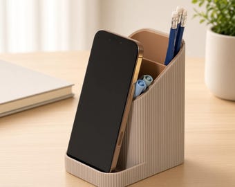 Organizador de escritorio moderno / Portalápices con soporte para teléfono / Almacenamiento de escritorio minimalista de 3 compartimentos