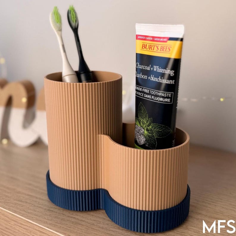 A toothbrush holder with two toothbrushes and a tube of Burt's Bees charcoal and whitening toothpaste.