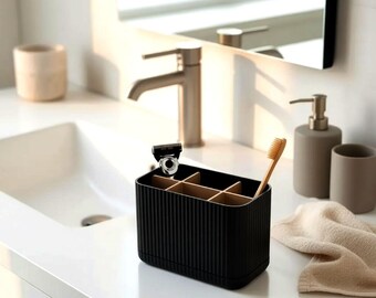 Organizador de baño con soporte para cepillo de dientes y maquinilla de afeitar / 6 compartimentos / Almacenamiento moderno para tocador con bandeja antigoteo / Organizador de color personalizable / Diseño cóncavo