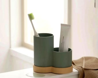 Modern Toothbrush Holder with Drain Tray, Ribbed Toothpaste Stand, 2-Color Bathroom Organizer, Vanity Caddy, Countertop Storage Solution