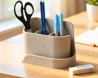 Organizador de escritorio con soporte para teléfono: Almacenamiento moderno para la oficina (bolígrafos, tijeras, accesorios)
