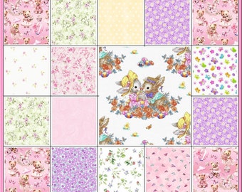Teddy Bears & Bunnies~Quilt Kit for Baby Girl~Fabric~Perfect Baby Shower Gift~QK#756