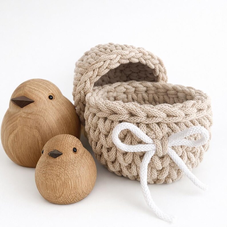 May include: A beige, hand-knitted basket with a white bow, next to two wooden bird figurines. The basket has a braided edge and a matching lid. The birds are light brown with dark brown beak details. The background is white.