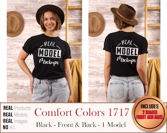 Comfort Colors 1717 Real Model Black 2-IMAGE 1 Model t-shirt - makiety koszulek CC1717 | Casual Summer Beach Boho Style | POD Mockup bulk