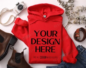 True Red Gildan 18500 Hoodie Flat Lay Mockup | G18500 sweatshirt Mock up, Boho Casual Flat-lay shirt Mock ups, POD Flatlay Mocks Model Mock