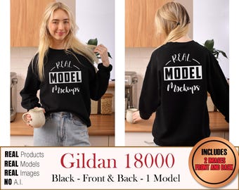Gildan 18000 Real Model Black 2-IMAGE 1 Model Crewneck - makiety koszul Gildan18000 | Casual Summer Beach Boho Style | POD Mockup bulk