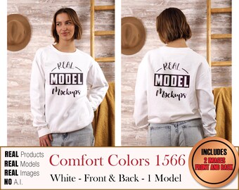 Comfort Colors 1566 Real Model White 2-IMAGE 1 Model bluza - makiety koszul CC1566 | Casual Summer Beach Boho Style | POD Mockup bulk