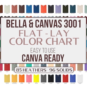 Tabla de colores editable Bella Canvas 3001 Flat Lay, 181 archivos PNG transparentes, maqueta de camiseta unisex, tabla personalizada, archivos transparentes