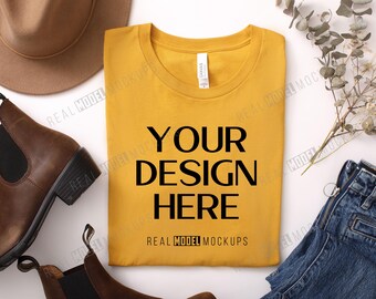 Mustard Bella + Canvas 3001 Flat Lay Mockup | Tshirt Mock up, Casual Boho Flat-lay shirt Mock ups, POD Flatlay Mocks Real Model Mock