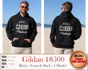 Gildan 18500 Real Model Black 2-IMAGE 1 Model Hoodie - makiety koszul Gildan18500 | Casual Summer Beach Boho Style | POD Mockup bulk