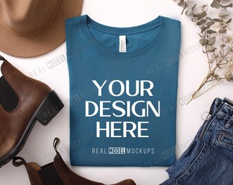 Deep Teal Bella + Canvas 3001 Flat Lay Mockup | Tshirt Mock up, Casual Boho Flat-lay shirt Mock ups, POD Flatlay Mocks Real Model Mock