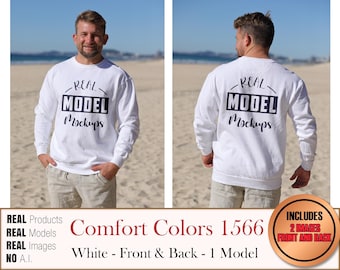 Comfort Colors 1566 Real Model White 2-IMAGE 1 Model bluza - Bluza z okrągłym dekoltem CC1566 | Casual Summer Beach Boho Style | POD Mockup bulk