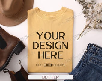 Comfort Colors 1717 Mockup: Butter Flat Lay T-Shirt (JPG)