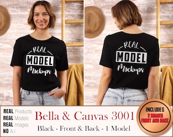 Bella Canvas 3001 Real Model Black 2 OBRAZ 1 Model T-Shirt - Prawdziwe makiety koszul BC3001 | Casual Summer Beach Boho Style | POD Mockup bulk