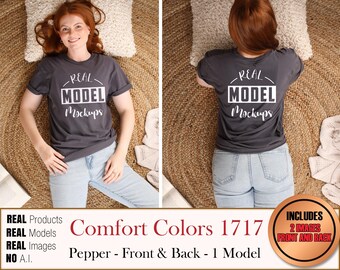 Comfort Colors 1717 Real Model Pepper 2-IMAGE 1 Model t-shirt - makiety koszul CC1717 | Casual Summer Beach Boho Style | POD Mockup bulk