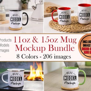 May include: A mockup bundle of 11oz and 15oz mugs in 8 colours. The mugs are white with a black rim and a black design that says "REAL MODEL Mockups". The bundle includes 206 images and bonus camping mug images.