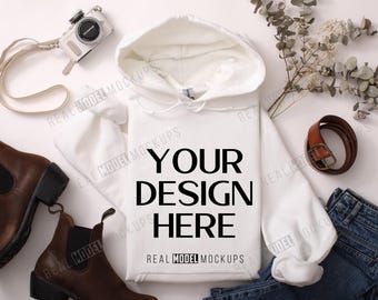 White Gildan 18500 Hoodie Flat Lay Mockup: Boho Casual Style