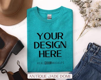 Gildan 5000 Flat Lay Mockup - Antique Jade Dome | Tshirt Mock up, Boho Flat-lay G5000 T shirt Mock ups, POD Flatlay Mocks Real Model Mock