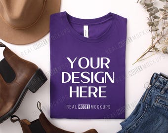 Team Purple Bella + Canvas 3001 Flat Lay Mockup | Tshirt Mock up, Casual Boho Flat-lay shirt Mock ups, POD Flatlay Mocks Real Model Mock