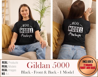 Gildan 5000 Real Model Black 2-IMAGE 1 Model T-Shirt - makiety koszulek Gildan5000 | Casual Summer Beach Boho Style | POD Mockup bulk