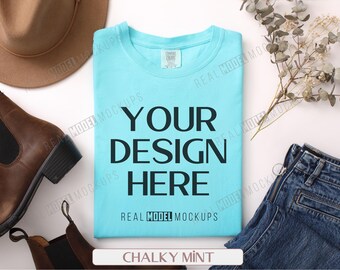 Comfort Colors 1717 Mockup: Chalky Mint T-Shirt Flat Lay (JPG)