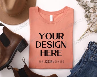 Terracotta Bella + Canvas 3001 Flat Lay Mockup | Tshirt Mock up, Casual Boho Flat-lay shirt Mock ups, POD Flatlay Mocks Real Model Mock