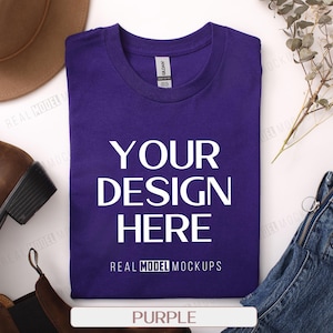 Gildan 5000 Flat Lay Mockup - Purple | Tshirt Mock up, Casual Boho Flat-lay G5000 shirt Mock ups, POD Flatlay Mocks Real Model Mock