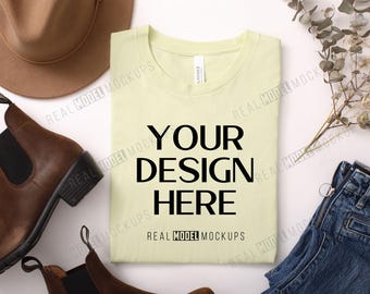 Spring Green Bella + Canvas 3001 Flat Lay Mockup | Tshirt Mock up, Casual Boho Flat-lay shirt Mock ups, POD Flatlay Mocks Real Model Mock