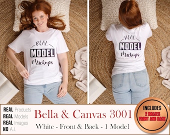 Bella Canvas 3001 Mock WHITE 2 OBRAZ 1 Model T-Shirt - Prawdziwe makiety koszul BC3001 | Casual Summer Beach Boho Style | POD Mockup bulk