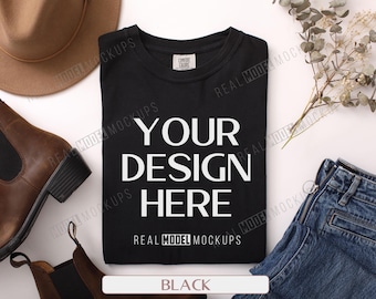 Comfort Colors 1717 Black T-shirt Flat Lay Mockup (JPG)