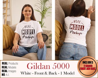Gildan 5000 Real Model White 2-IMAGE 1 Model T-Shirt - makiety koszulek Gildan5000 | Casual Summer Beach Boho Style | POD Mockup bulk