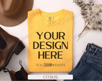 Comfort Colors 1717 Mockup: Citrus T-shirt Flat Lay (JPG)