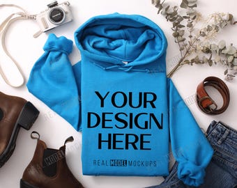Caribbean Blue Gildan 18500 Hoodie Flat Lay Mockup | Tshirt Mock up, Casual Boho Flat-lay shirt Mock ups, POD Flatlay Mocks Real Model Mock