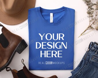 True Royal Bella + Canvas 3001 Flat Lay Mockup | Tshirt Mock up, Casual Boho Flat-lay shirt Mock ups, POD Flatlay Mocks Real Model Mock