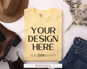 Comfort Colors 1717 Mockup: Banana Flat Lay T-Shirt (JPG)