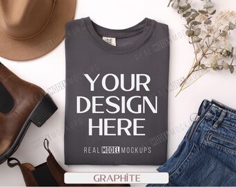 Koszulka Comfort Colors 1717 w kolorze grafitowym, mockup: Boho Flat Lay (JPG)