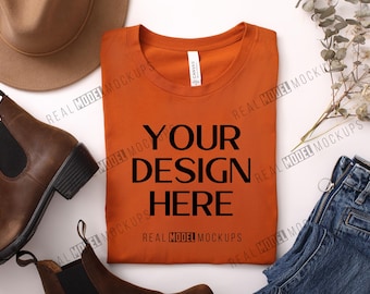 Autumn Bella + Canvas 3001 Flat Lay Mockup | Tshirt Mock up, Casual Boho Flat-lay shirt Mock ups, POD Flatlay Mocks Real Model Mock