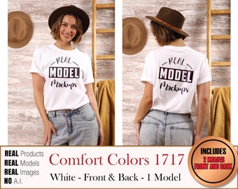 Comfort Colors 1717 Real Model White 2-IMAGE 1 Model t-shirt - makiety koszulek CC1717 | Casual Summer Beach Boho Style | POD Mockup bulk