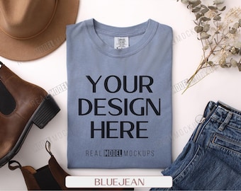 Blue Jean Comfort Colors 1717 T-shirt Flat Lay Mockup (JPG Digital Download)