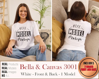 Bella Canvas 3001 Real Model White 2 OBRAZ 1 Model T-Shirt - Damski mockup BC3001 | Casual Summer Beach Boho Style | POD Mockup bulk